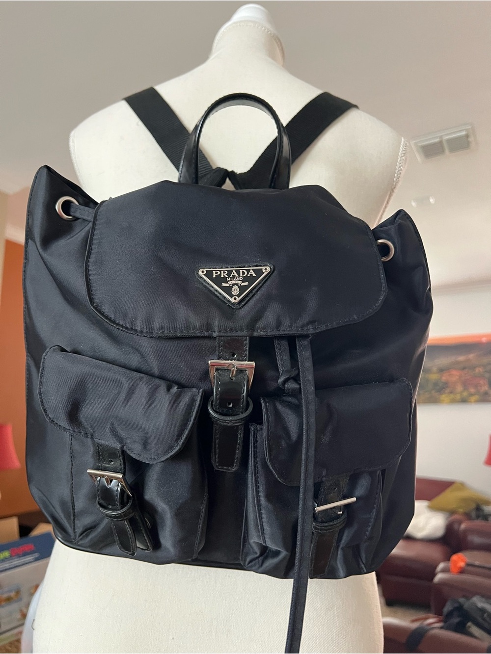Prada Black Nylon Backpack with Front Pockets and Logo
